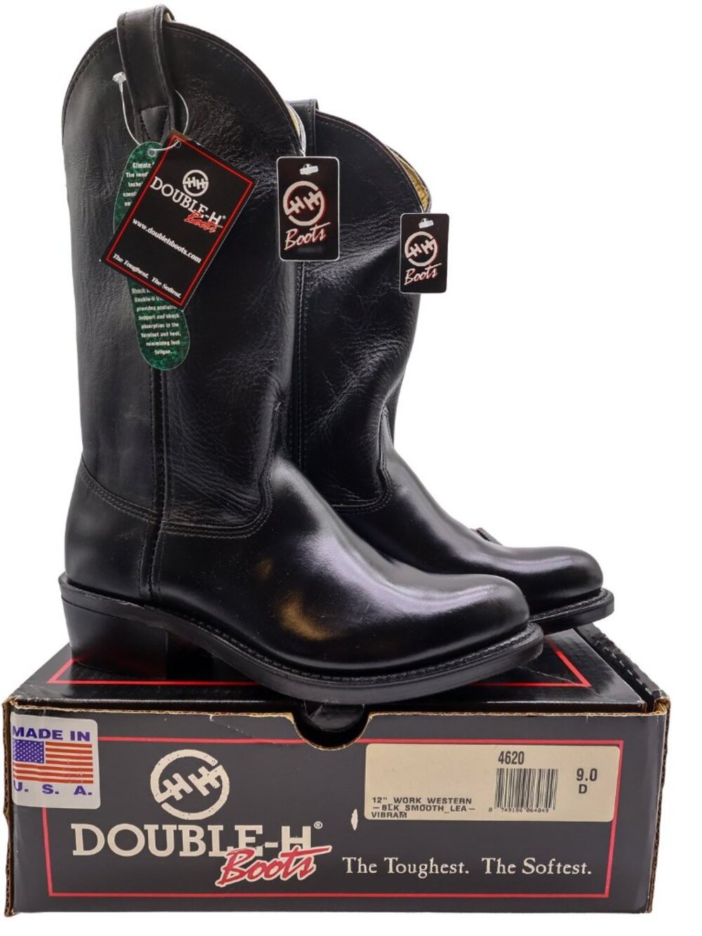 Vintage Double-H Boots Mens 9 D Black Leather 12" Work Western Vibram 4620 NWB